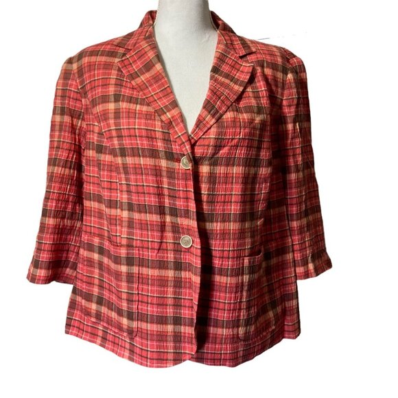 Talbots Women Plaid Pink Y2K Blazer Jacket 14 Petite Pockets Business Casual - Picture 1 of 10